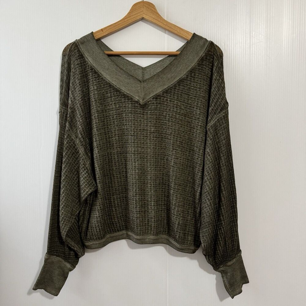 Free People Oversized Army Olive Green South Side Thermal Waffle Top Women's XS